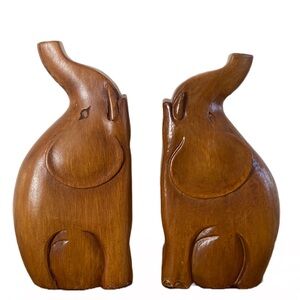 Vintage Carved Wood Elephant Bookends